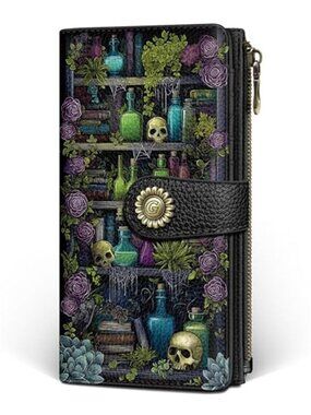 Gothic RFID Blocking Womens Wallet Slim Zip Around Card Holder PU Leather Large